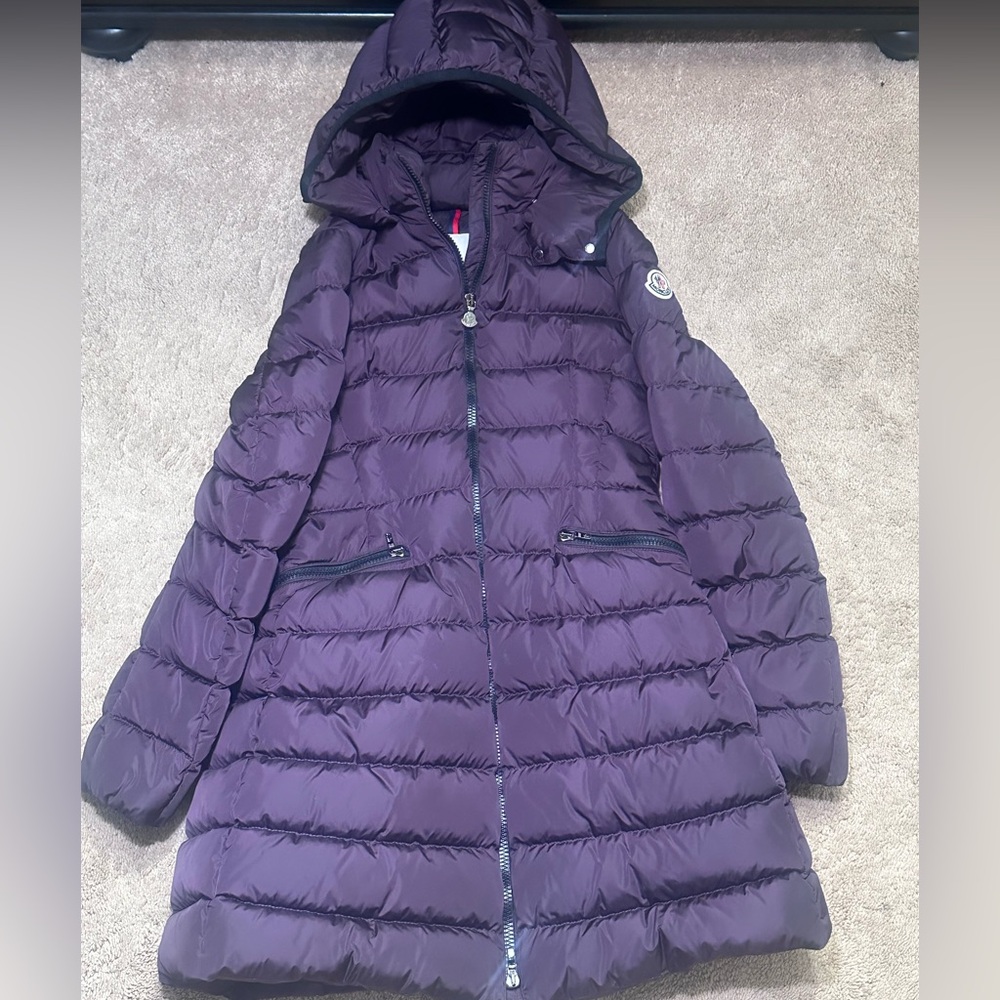 100% Authentic Moncler Dark Purple Long Coat with Removable Hood (Kids size 14)
